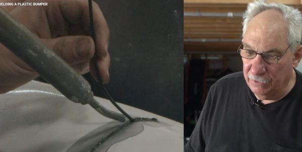 Instructor plastic welding a cracked polypropylene bumper cover at Autoseum